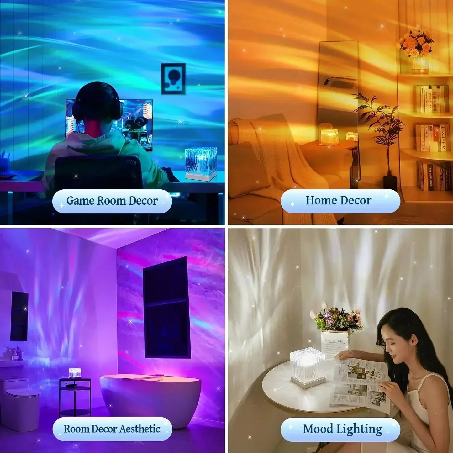 Aurora Water Wave Projector Night Light with Flame Crystal Lamp