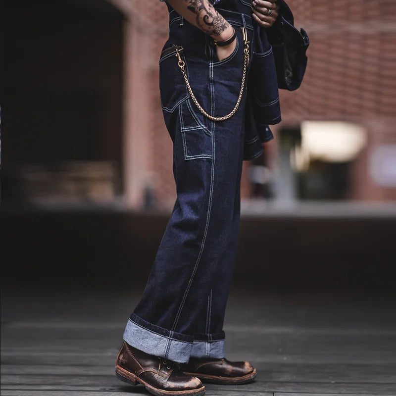 Men's Slim Fit Vintage Indigo Denim Overalls with Pockets