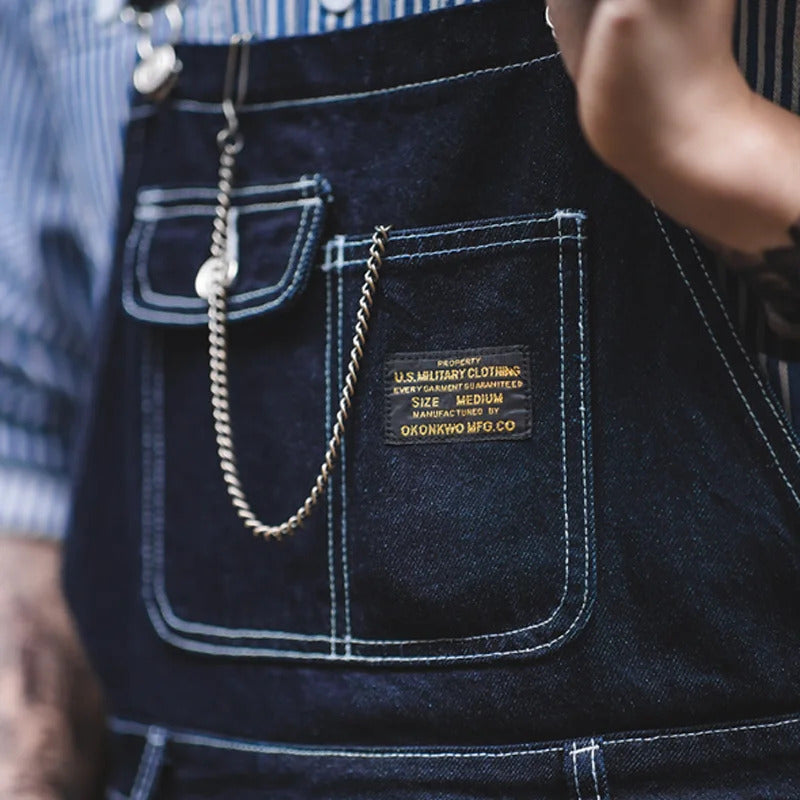 Men's Slim Fit Vintage Indigo Denim Overalls with Pockets