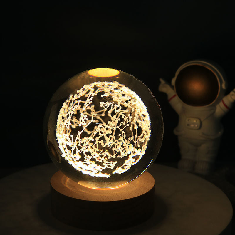 3D Solar System Crystal Ball Night Light with Wooden Base