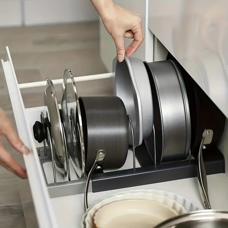 Adjustable Pot and Lid Organizer for Kitchen Cabinets