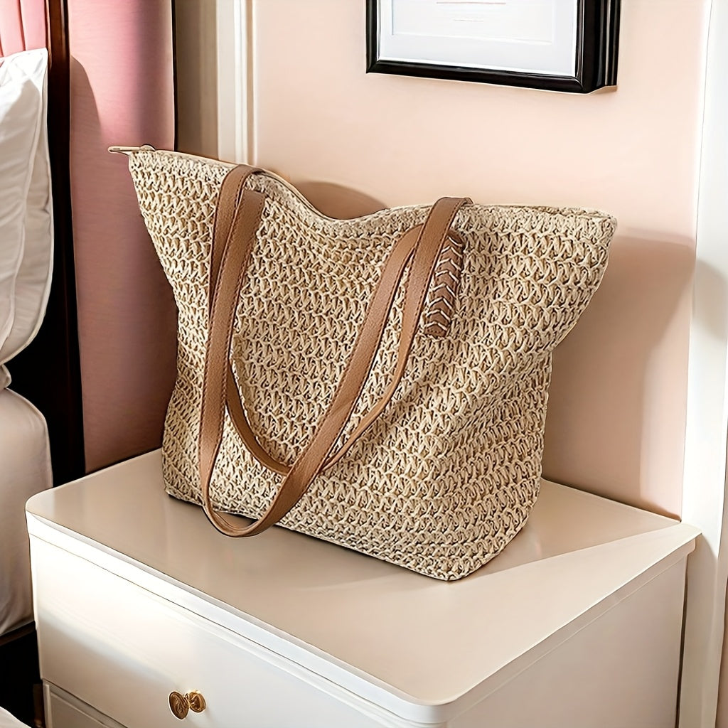 Spacious Woven Straw Beach Tote with Zipper Closure