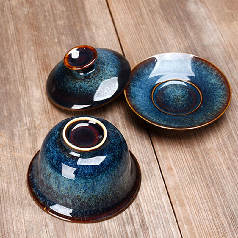 Vintage Ceramic Gaiwan Tea Cup and Saucer Set with Lid
