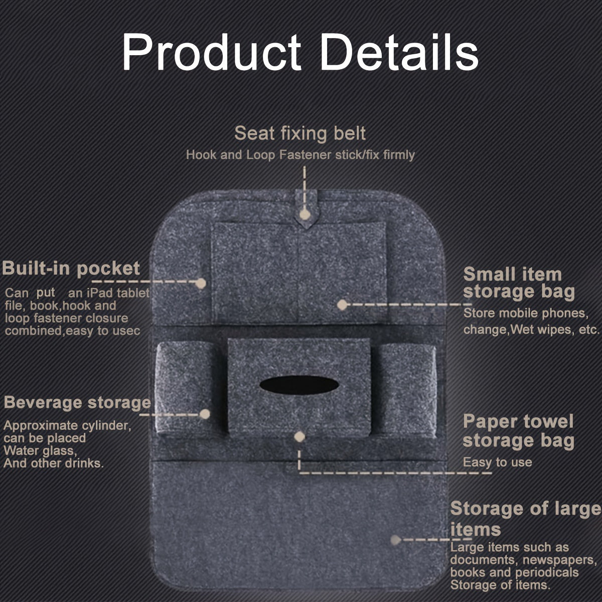 Car Seat Organizer with Felt Pockets and Tablet Holders