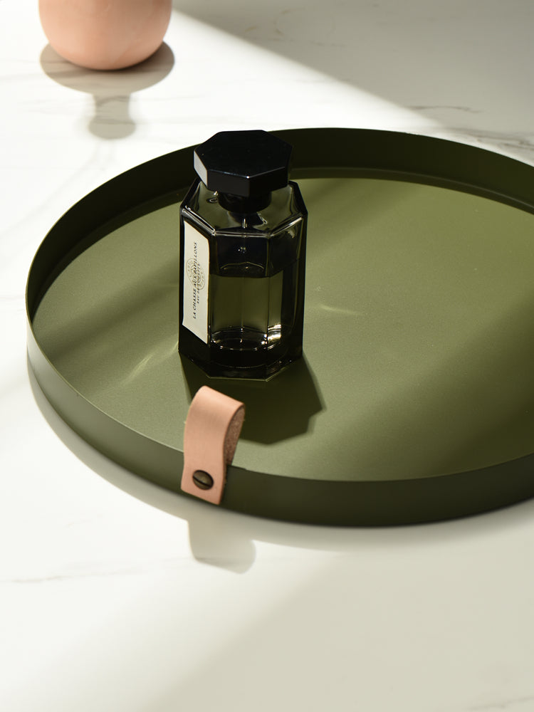 Nordic Style Leather Handle Round Wrought Iron Tray