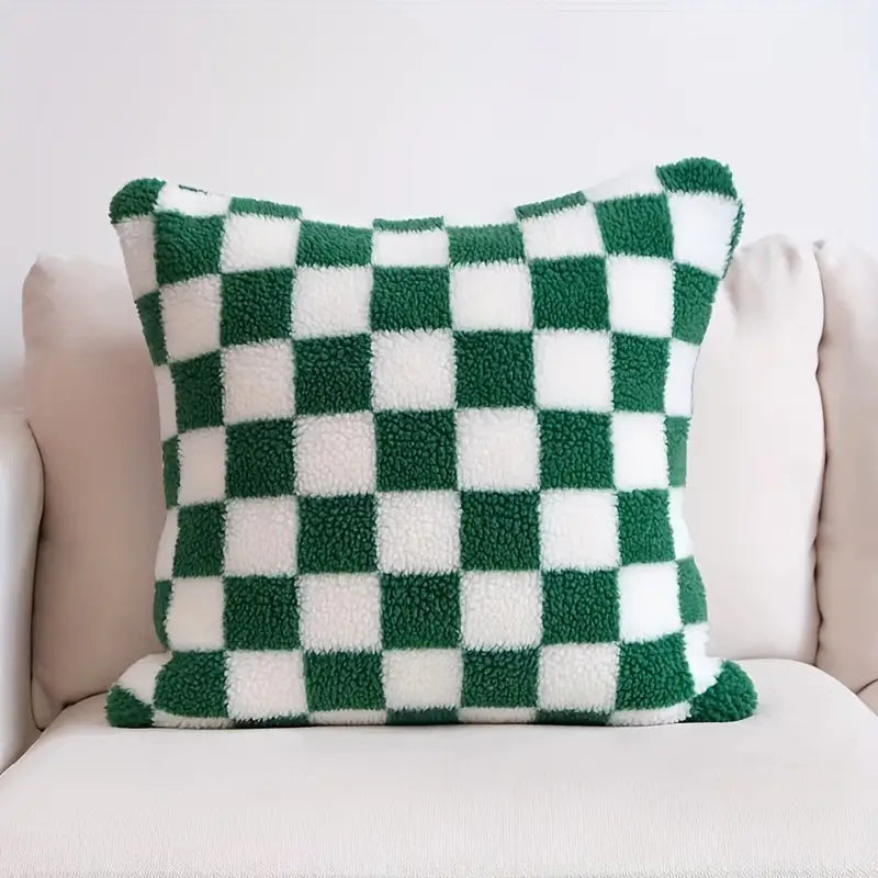 Checkerboard Faux Fur Pillowcase in Khaki and Coffee