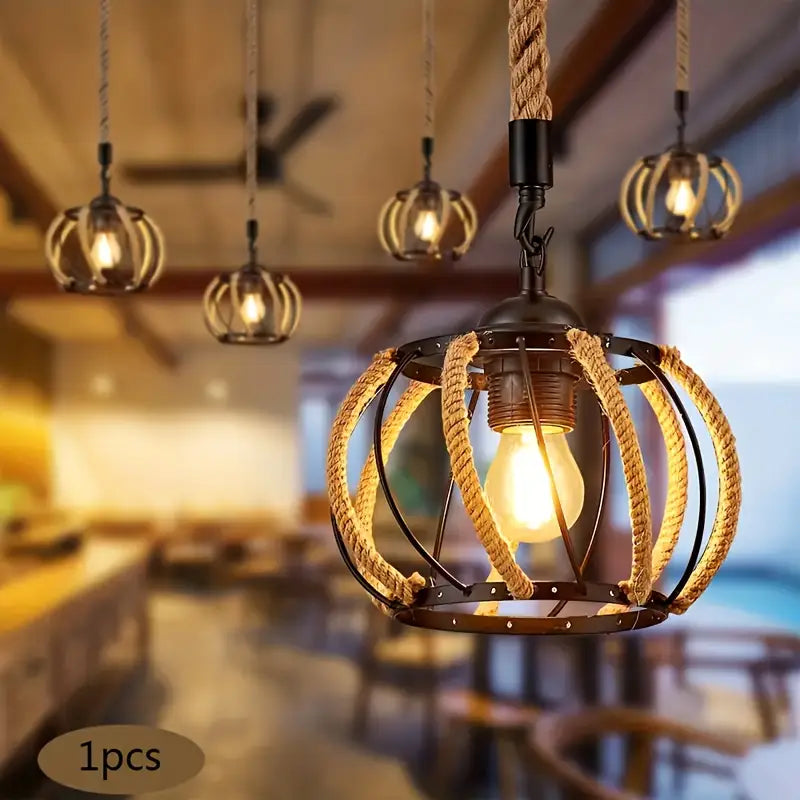 Industrial Pendant Light with Braided Cord and Metal Frame