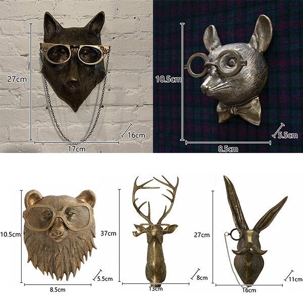 Animal Head Wall Decor - Hand-Painted Deer, Fox, Rabbit, Mole, Bear