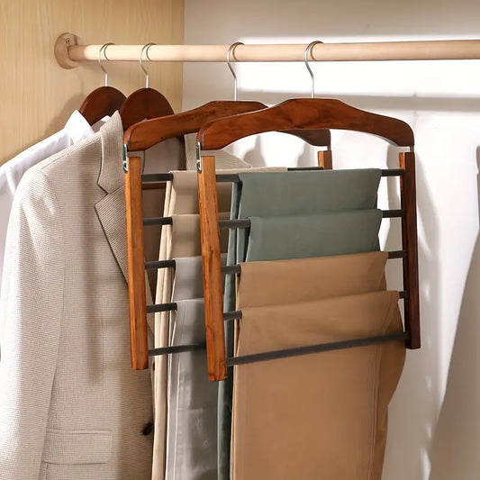 Space-Saving Wooden Multi-Pants Hanger with Metal Clips