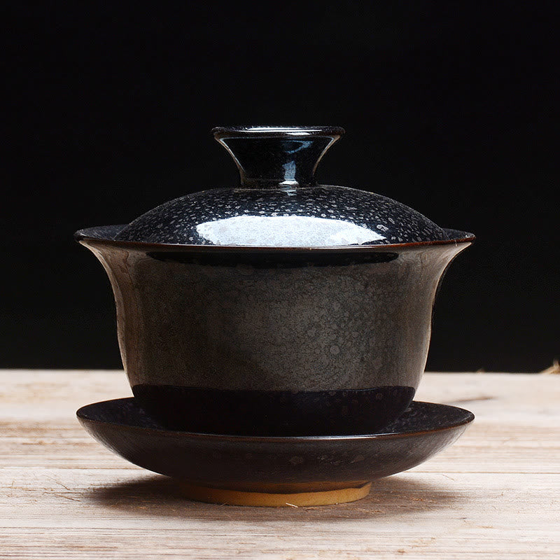 Vintage Ceramic Gaiwan Tea Cup and Saucer Set with Lid