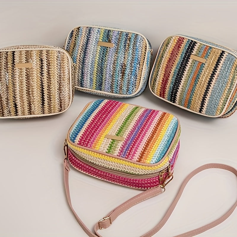 Woven Striped Shoulder Bag for Women with Zipper Closure
