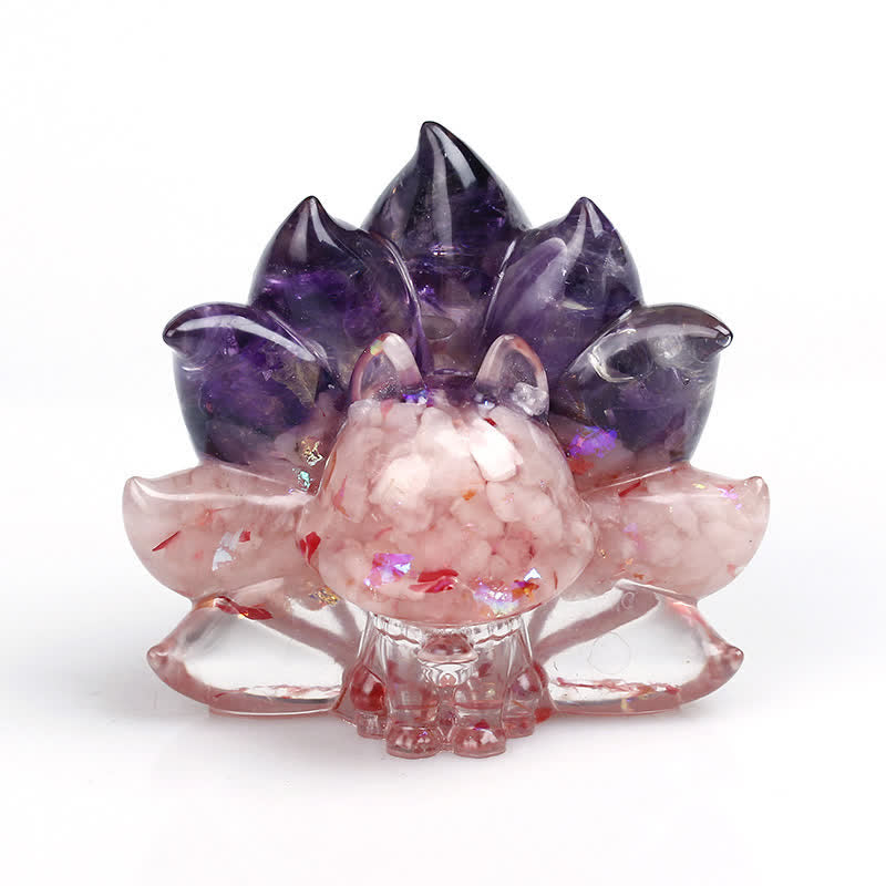 Nine-Tailed Fox Gemstone Figurine with Natural Crystals