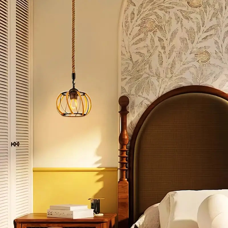 Industrial Pendant Light with Braided Cord and Metal Frame