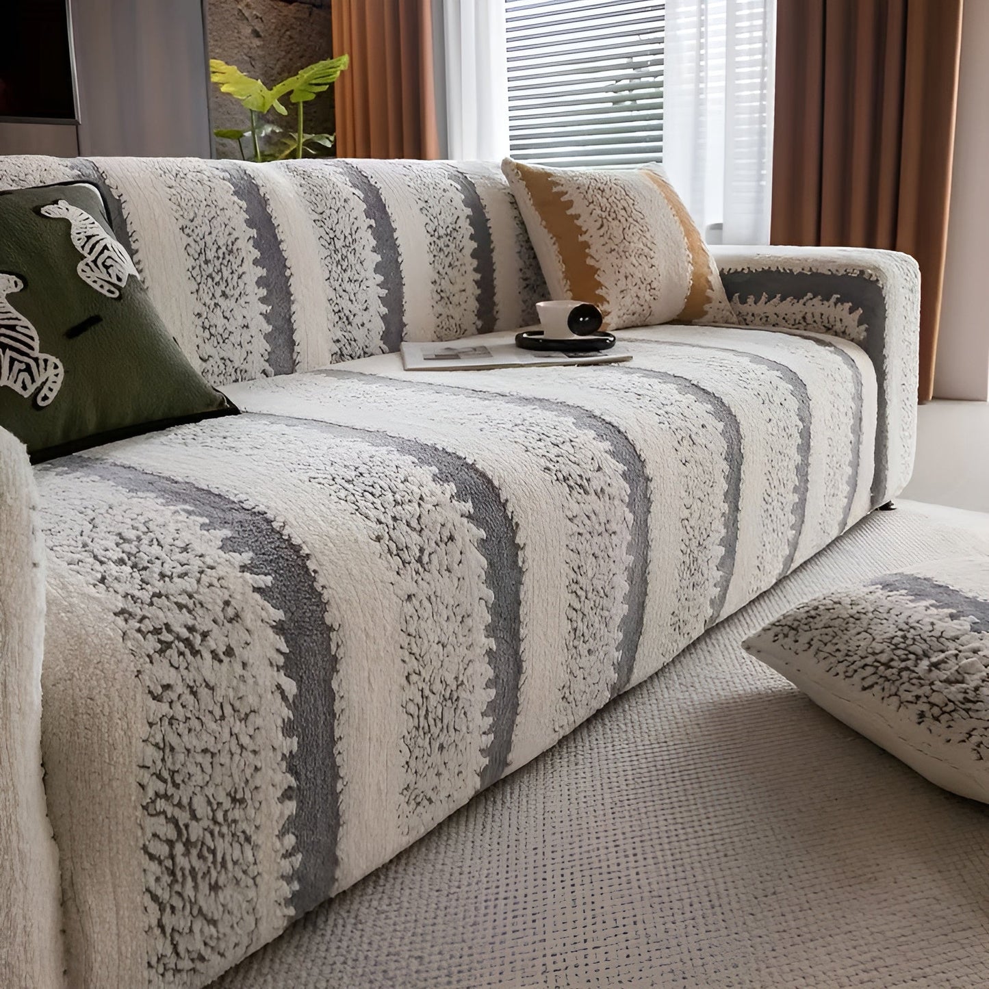 Plush Vertical Striped Sofa Cover Set - Soft Polyester Protection