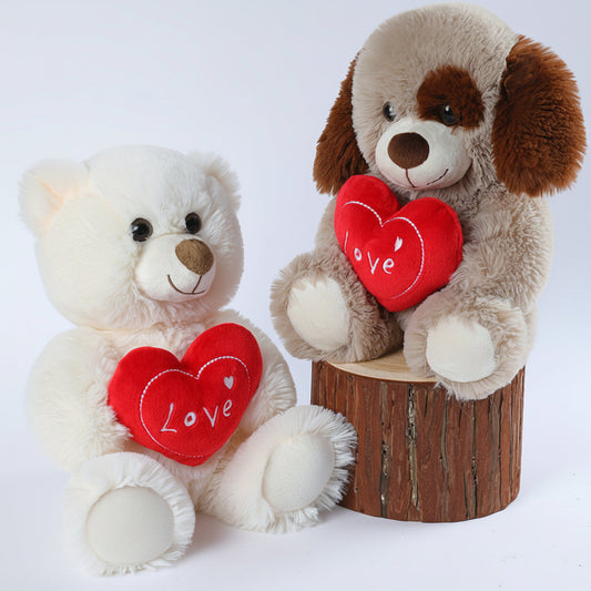 Plush Teddy Bear and Puppy Holding Love Heart