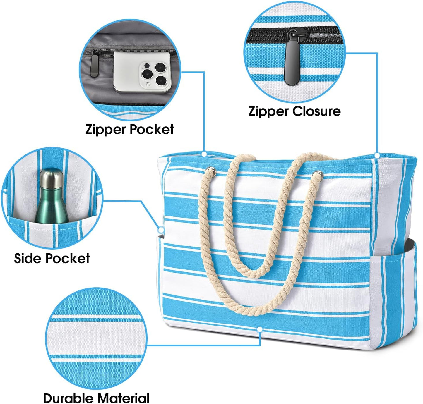 Oversized Waterproof Beach Tote with Zipper Closure and Pockets