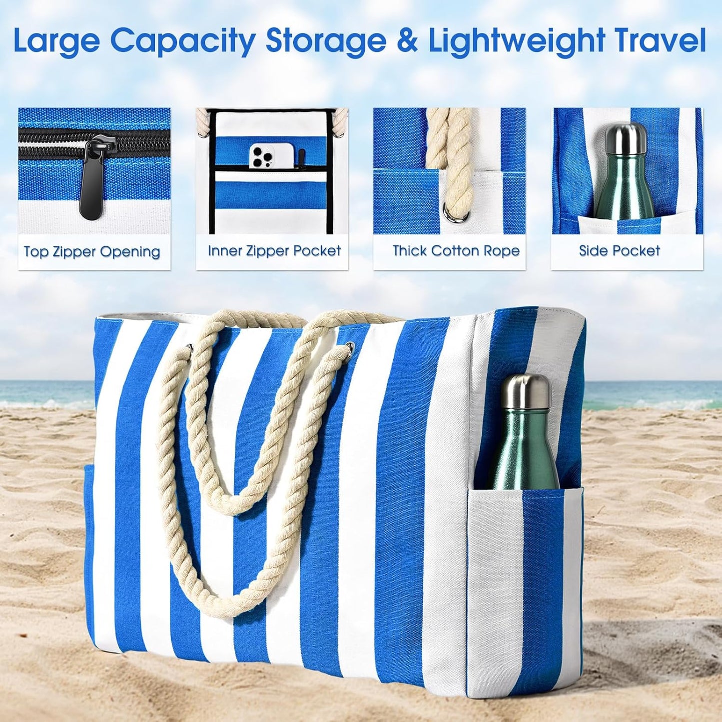 Oversized Waterproof Beach Tote with Zipper Closure and Pockets