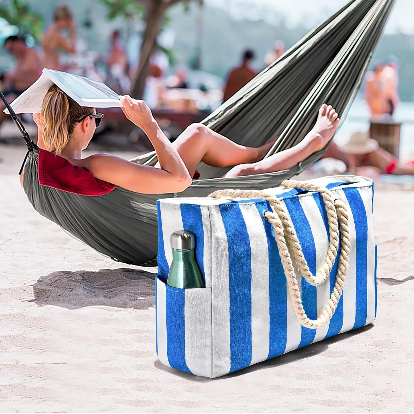 Oversized Waterproof Beach Tote with Zipper Closure and Pockets