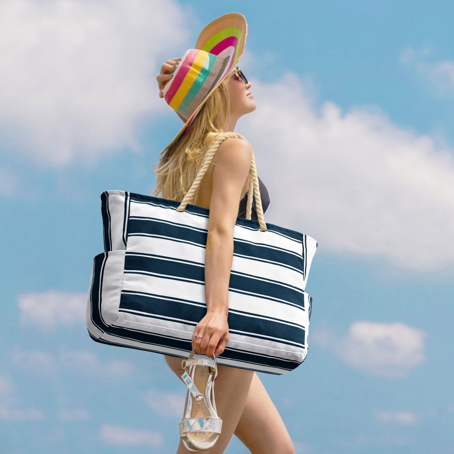 Oversized Waterproof Beach Tote with Zipper Closure and Pockets