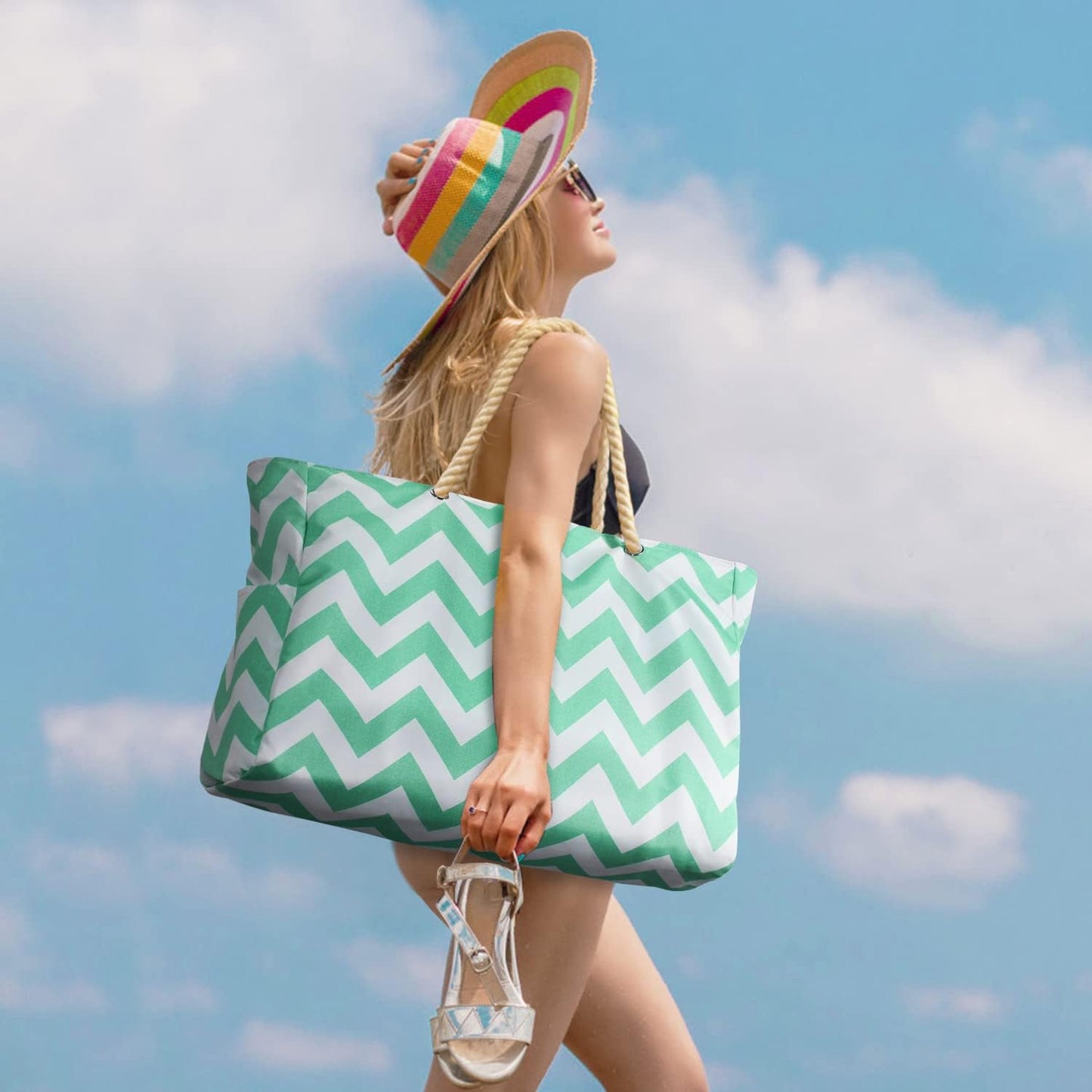 Oversized Waterproof Beach Tote with Zipper Closure and Pockets
