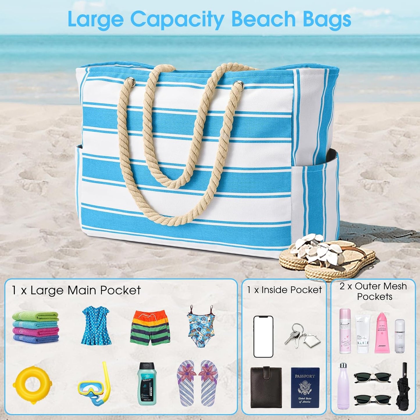 Oversized Waterproof Beach Tote with Zipper Closure and Pockets