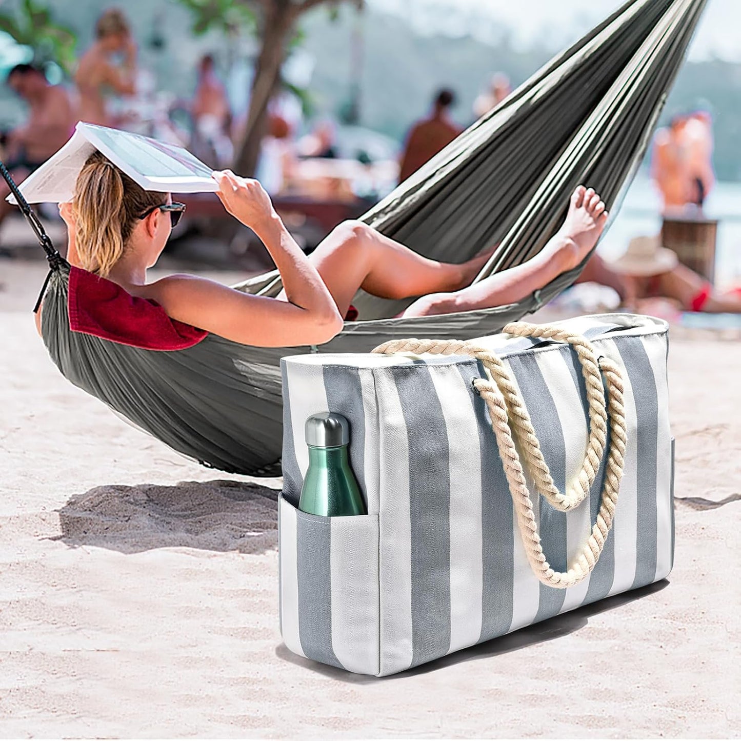 Oversized Waterproof Beach Tote with Zipper Closure and Pockets