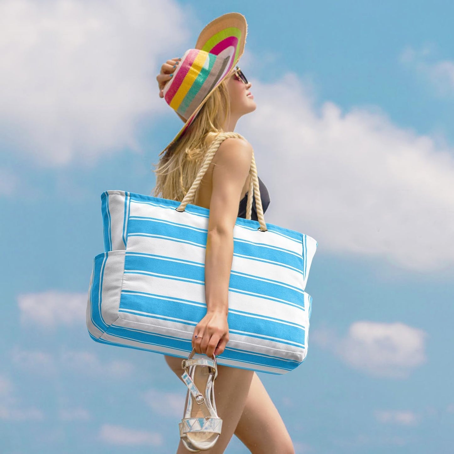 Oversized Waterproof Beach Tote with Zipper Closure and Pockets