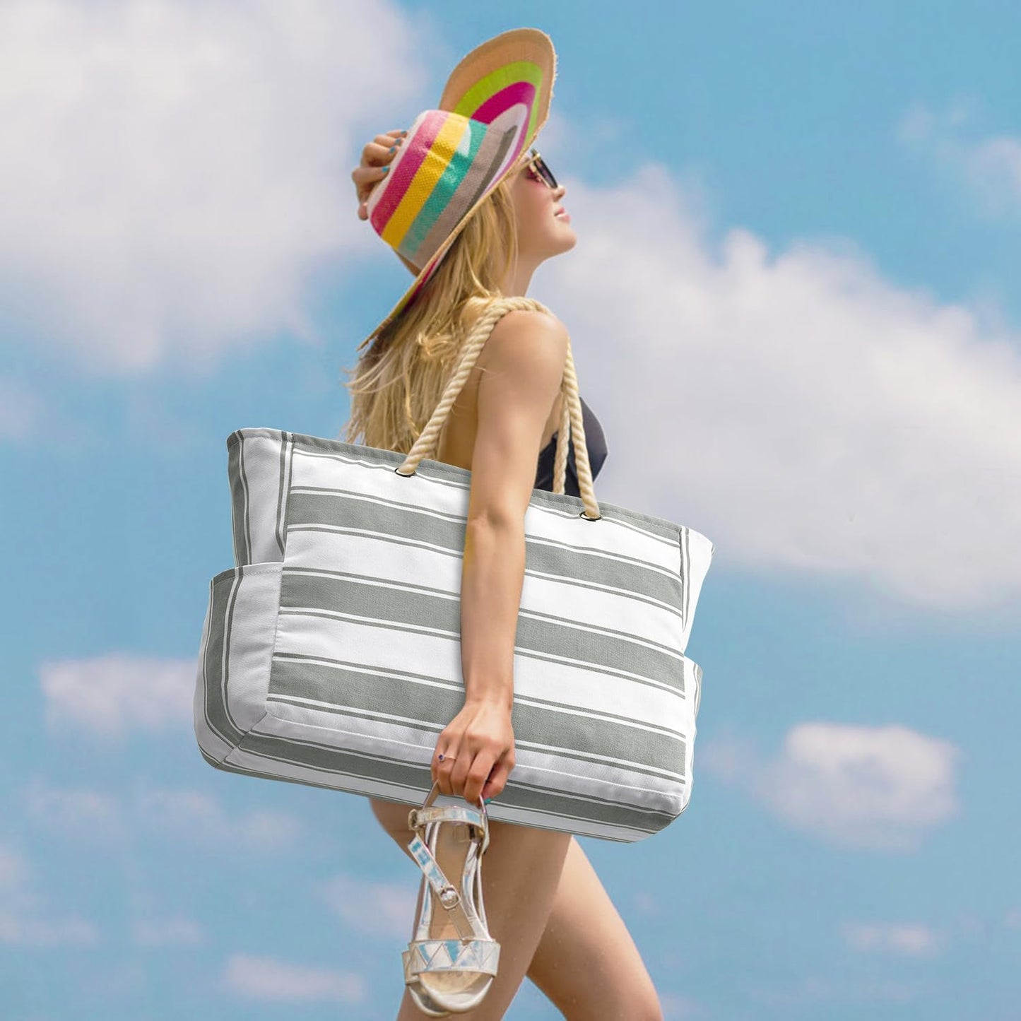 Oversized Waterproof Beach Tote with Zipper Closure and Pockets