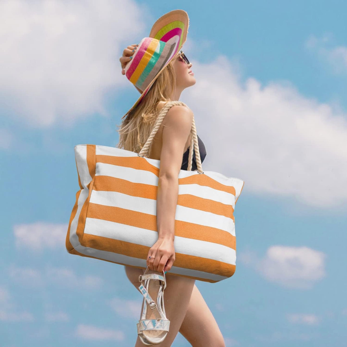 Oversized Waterproof Beach Tote with Zipper Closure and Pockets