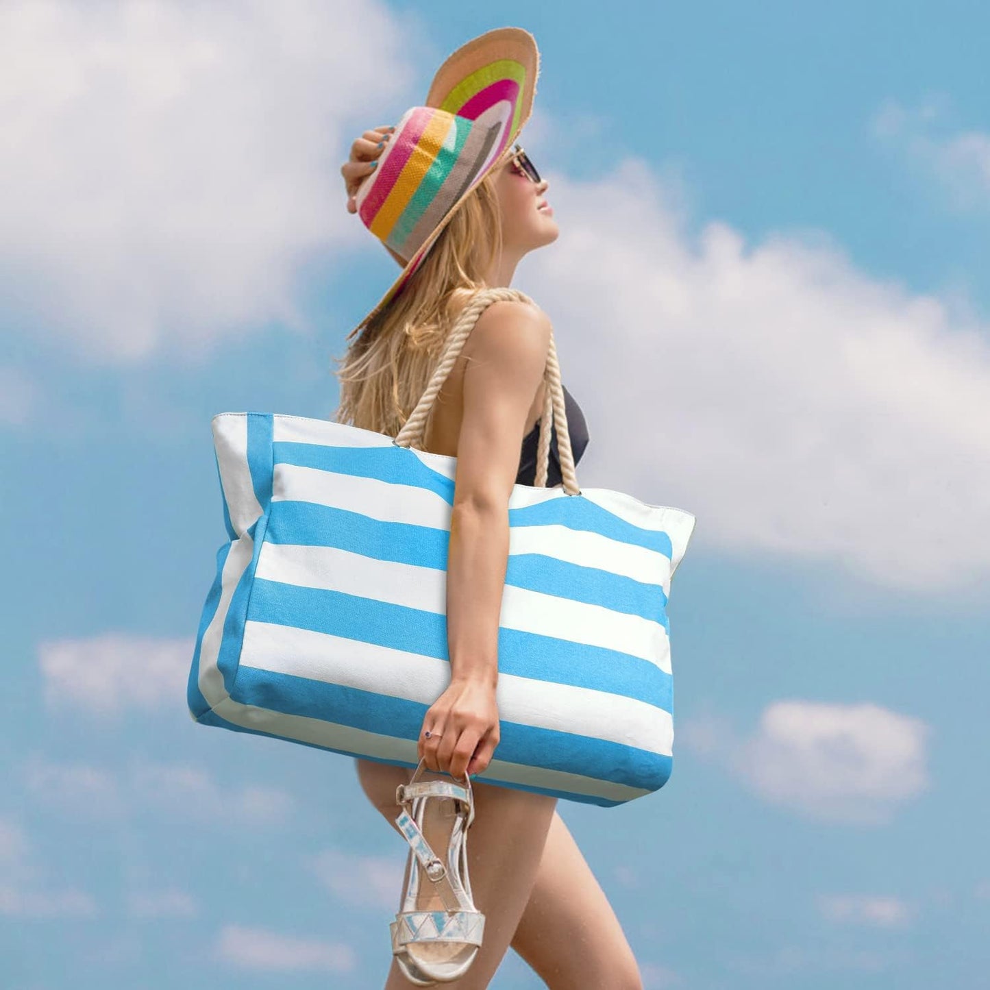 Oversized Waterproof Beach Tote with Zipper Closure and Pockets