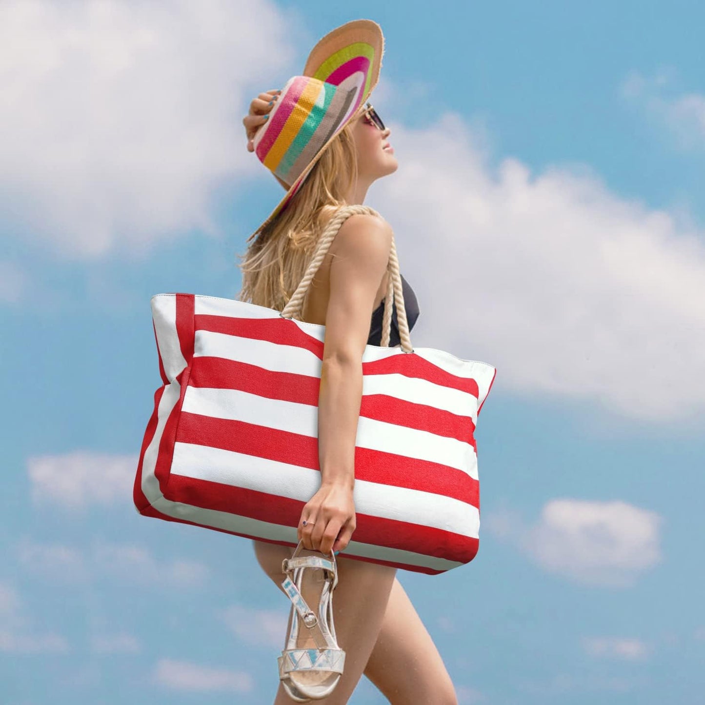 Oversized Waterproof Beach Tote with Zipper Closure and Pockets