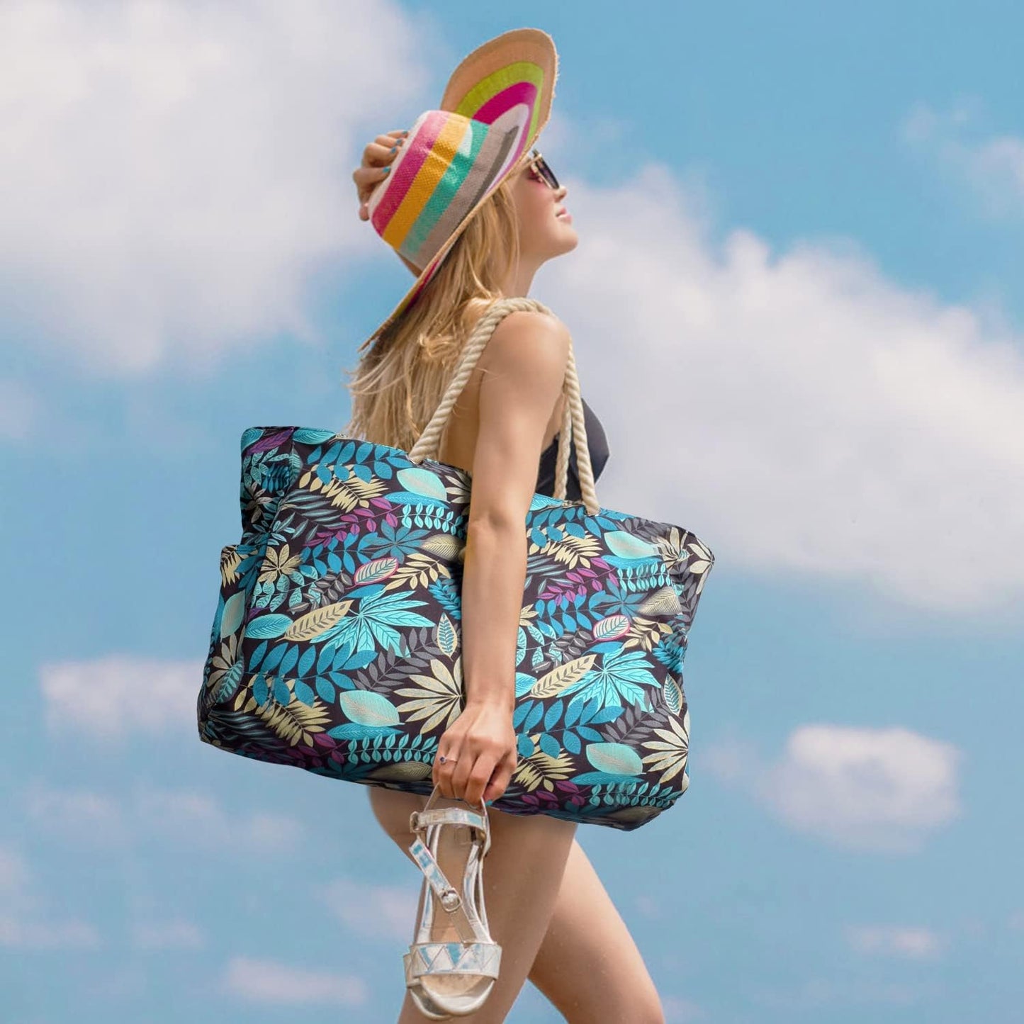 Oversized Waterproof Beach Tote with Zipper Closure and Pockets