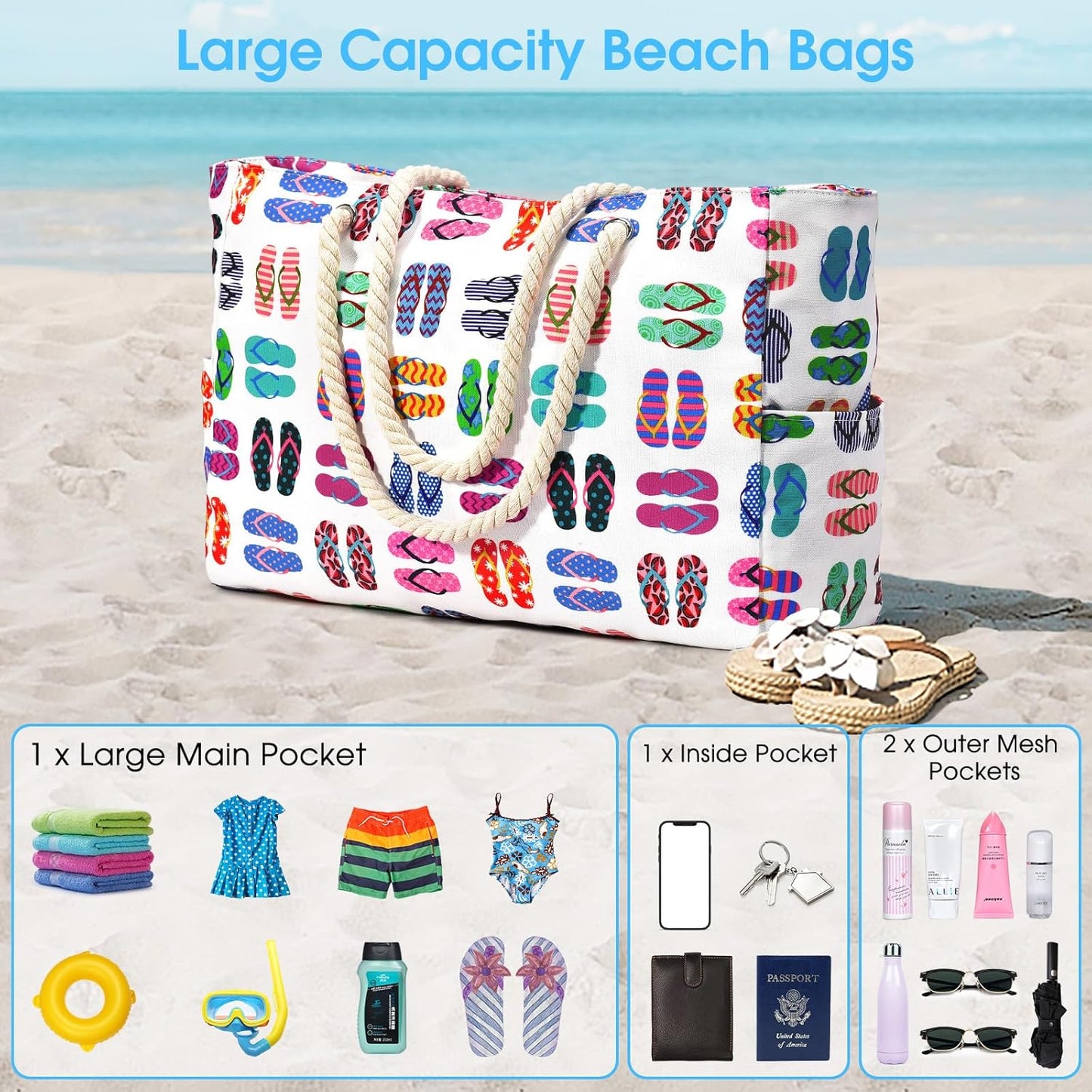 Oversized Waterproof Beach Tote with Zipper Closure and Pockets