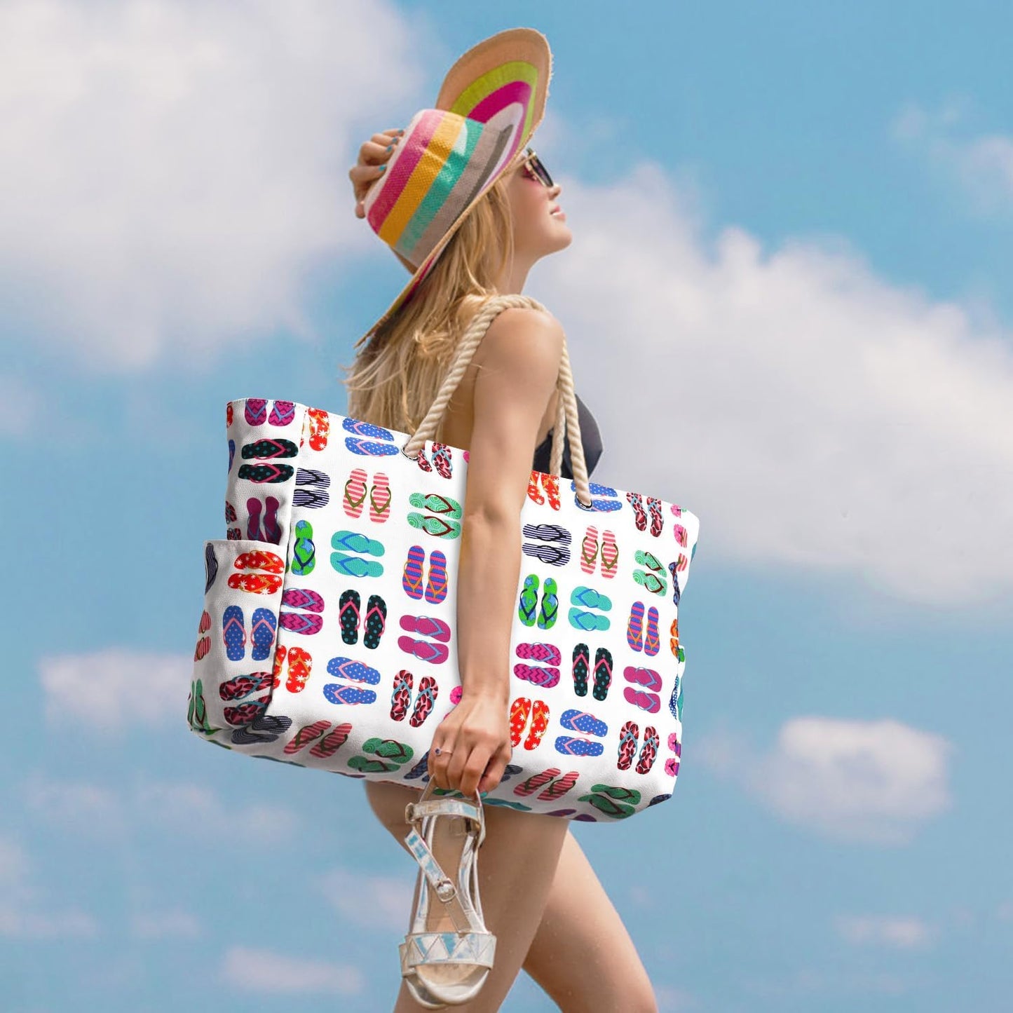 Oversized Waterproof Beach Tote with Zipper Closure and Pockets
