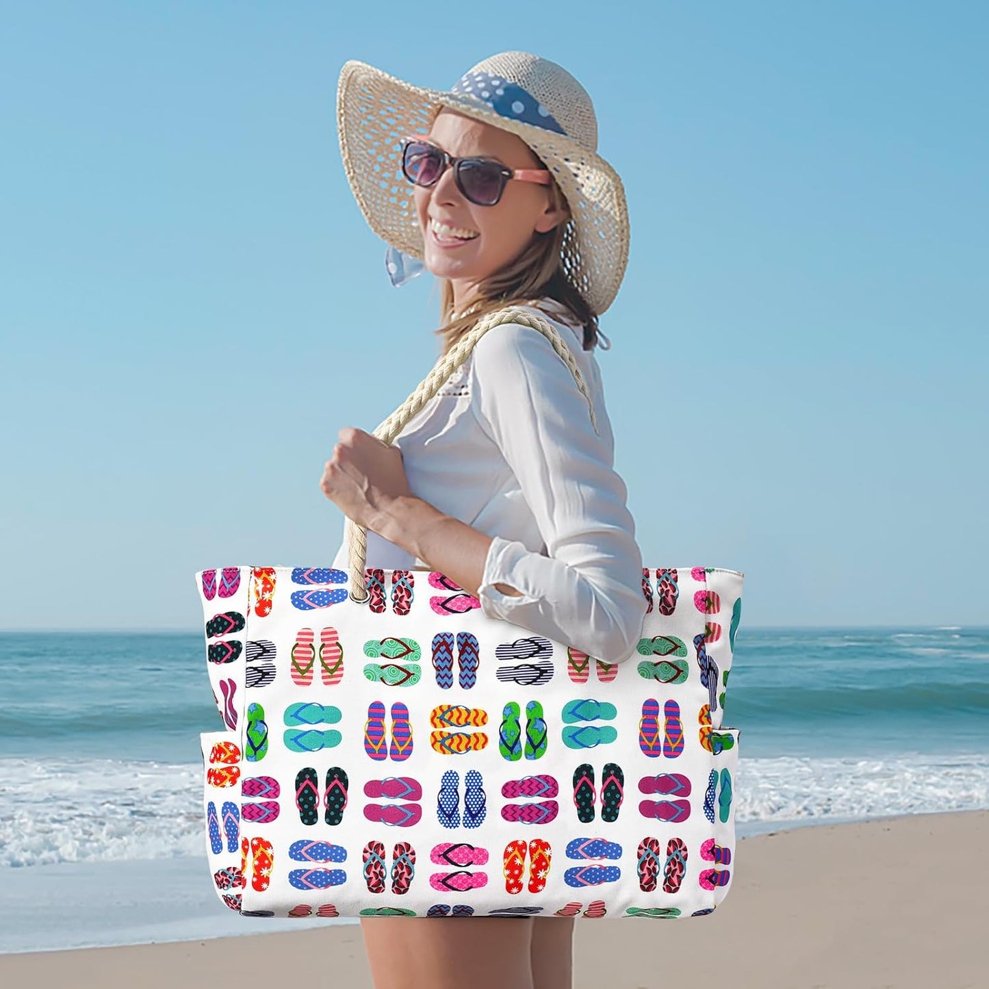 Oversized Waterproof Beach Tote with Zipper Closure and Pockets
