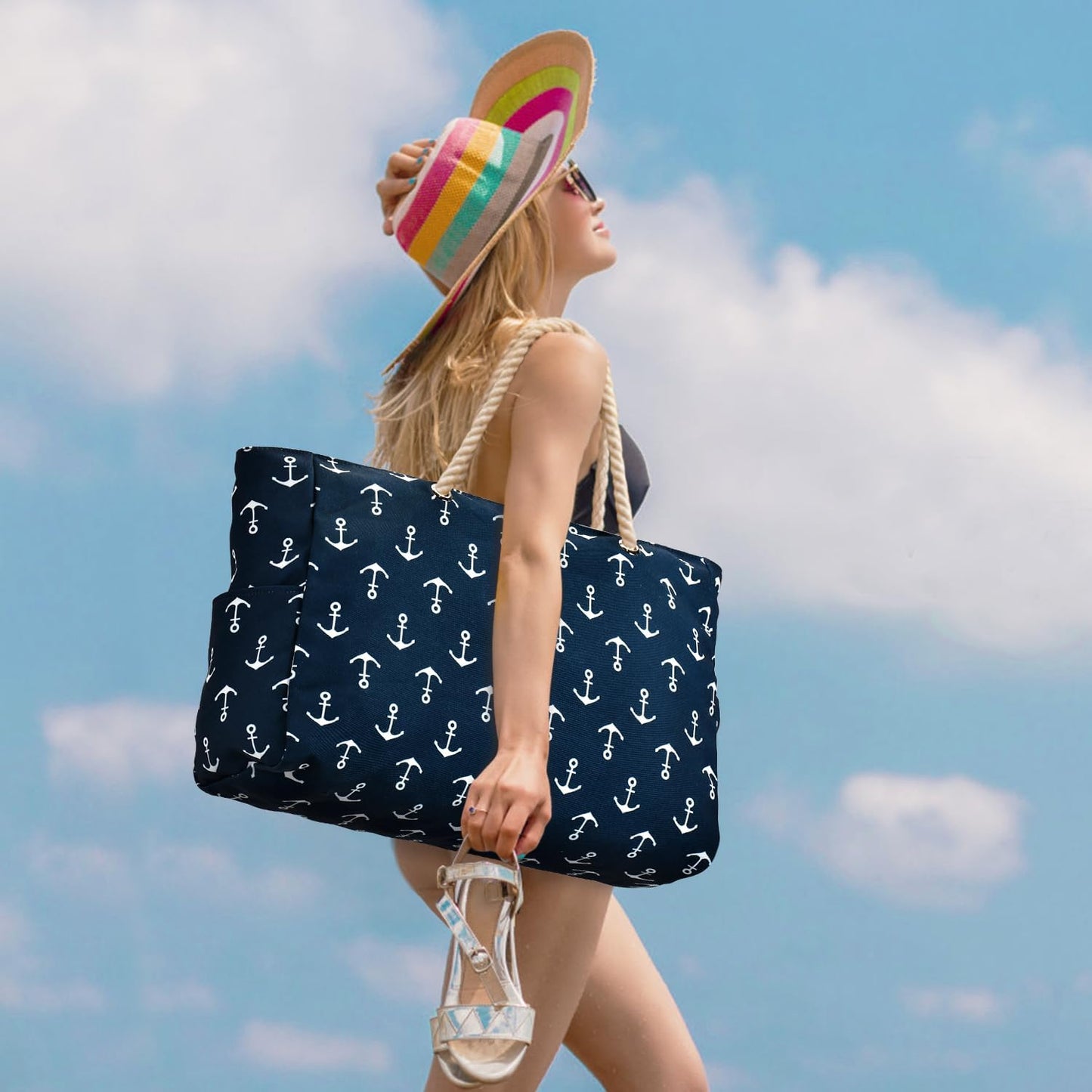 Waterproof Large Tote Bag with Zippered Storage and Side Pockets
