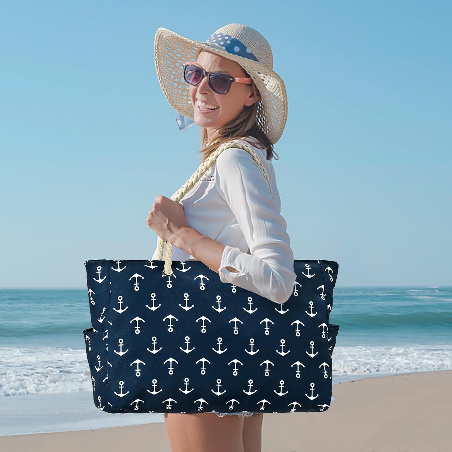 Waterproof Large Tote Bag with Zippered Storage and Side Pockets