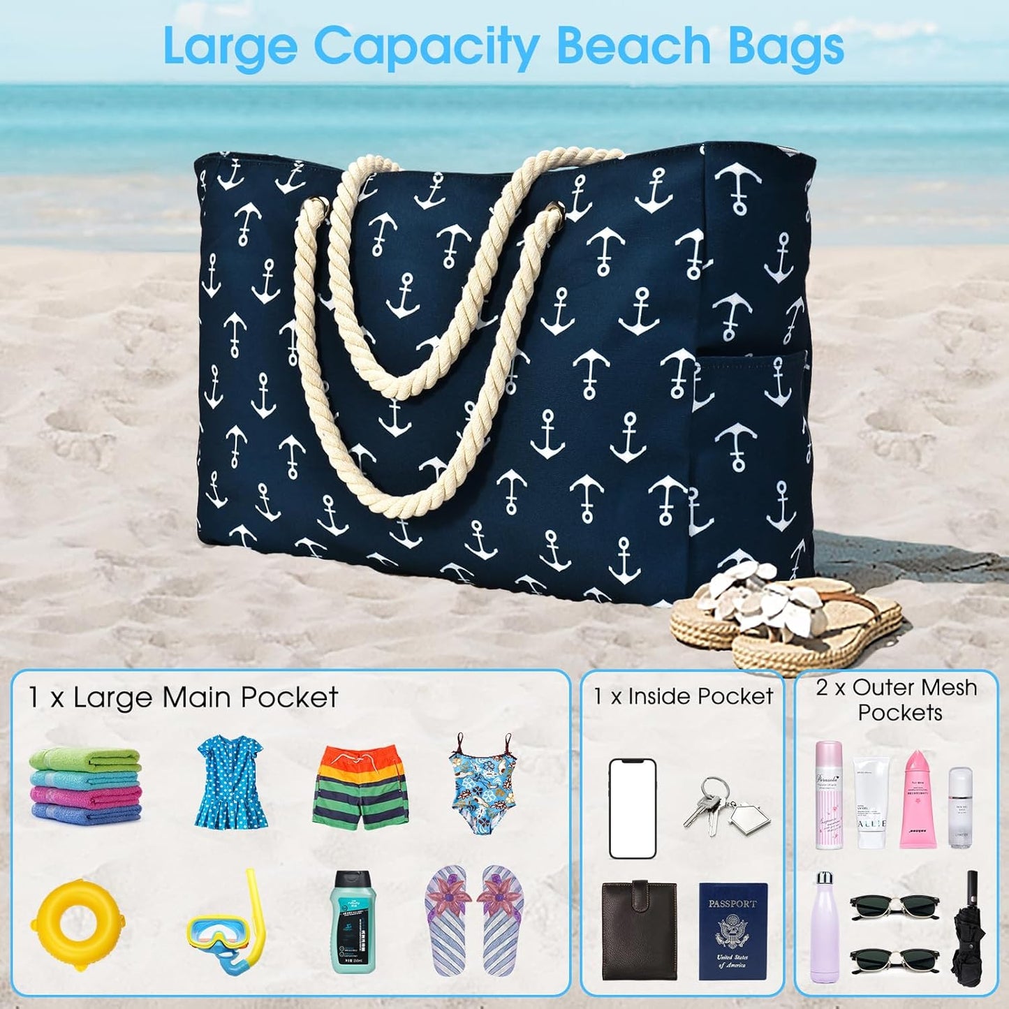 Waterproof Large Tote Bag with Zippered Storage and Side Pockets