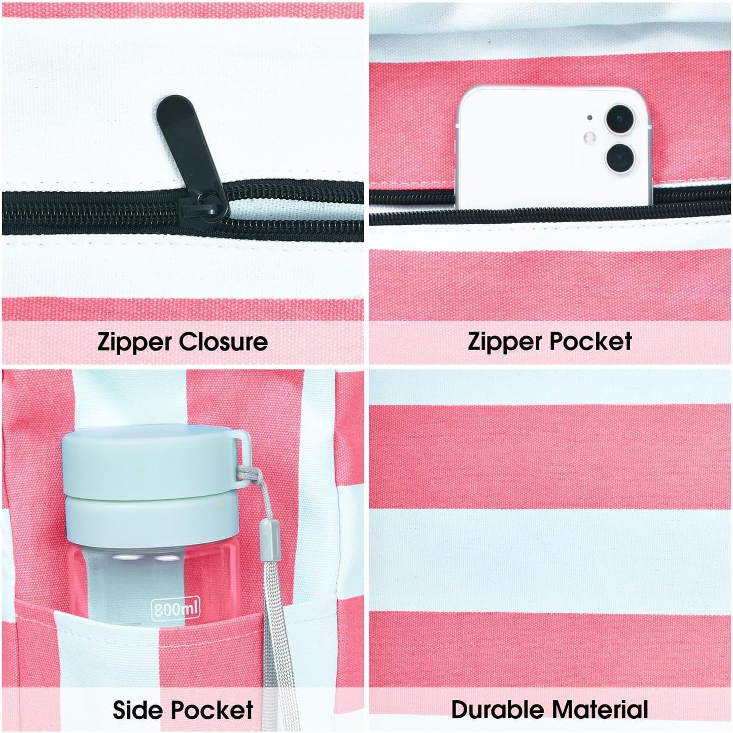 Waterproof Large Tote Bag with Zippered Storage and Side Pockets