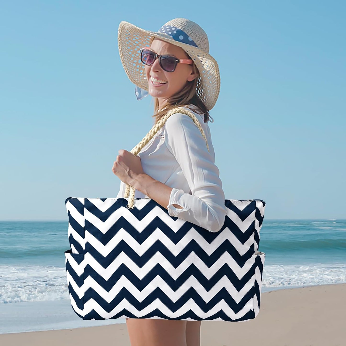 Waterproof Large Tote Bag with Zippered Storage and Side Pockets