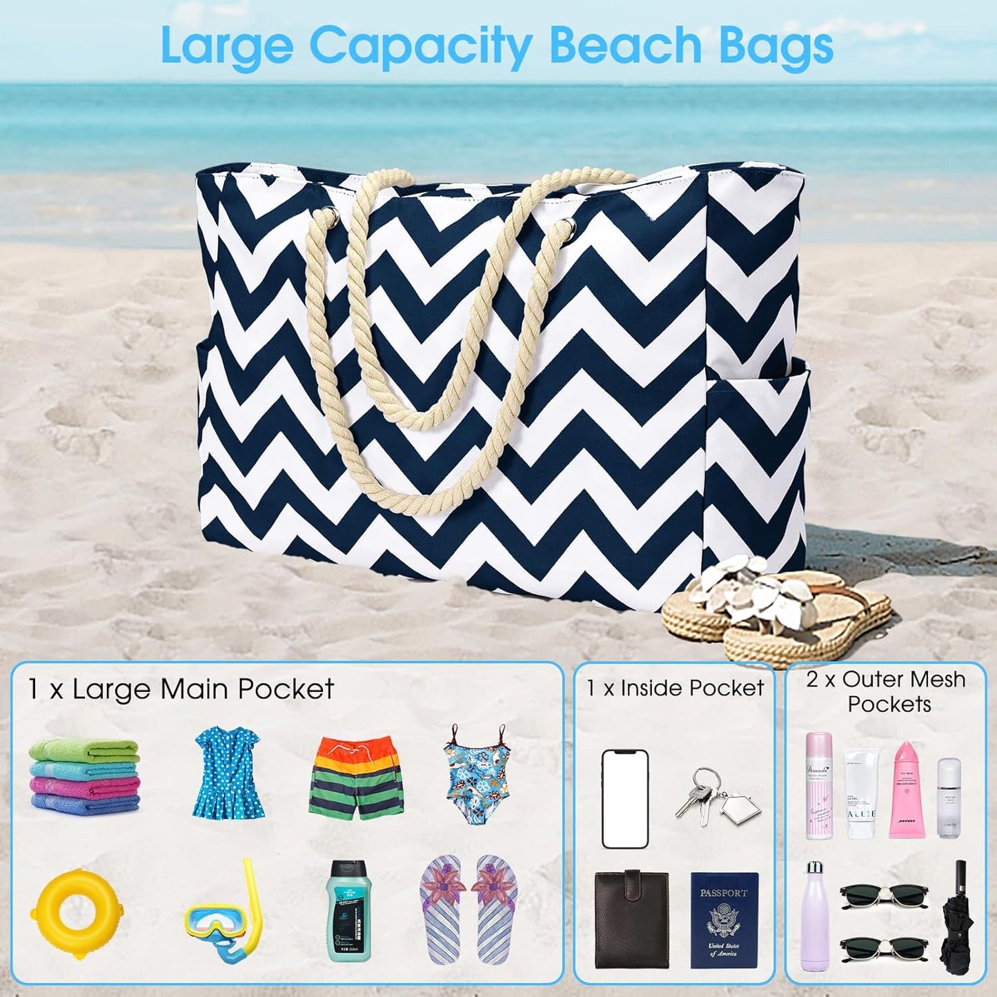 Waterproof Large Tote Bag with Zippered Storage and Side Pockets