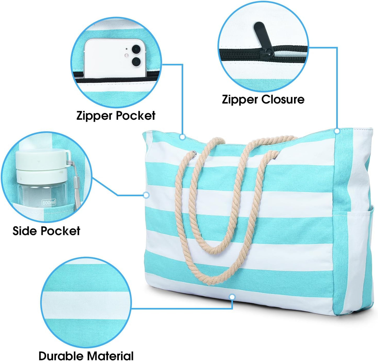 Waterproof Large Tote Bag with Zippered Storage and Side Pockets