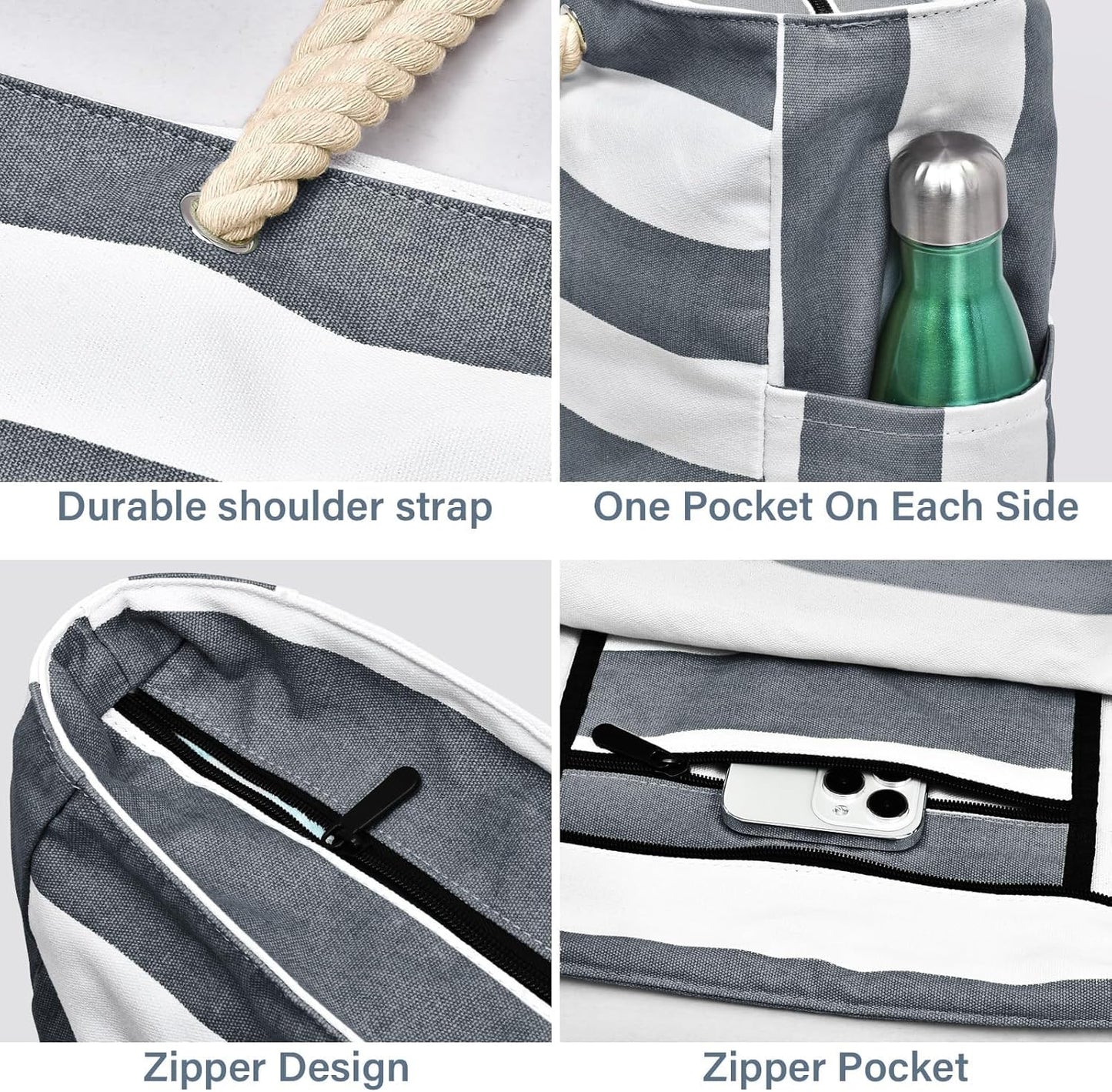 Waterproof Large Tote Bag with Zippered Storage and Side Pockets