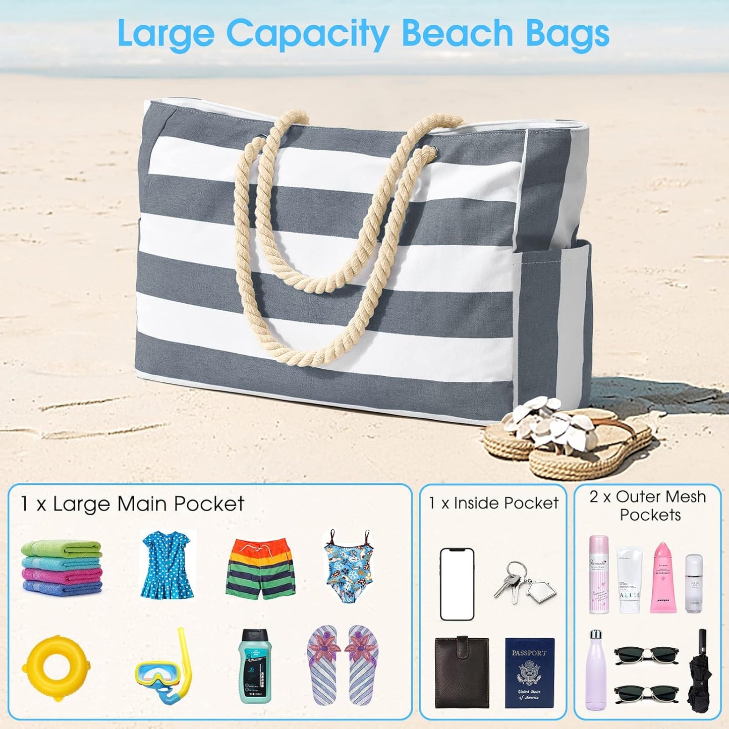 Waterproof Large Tote Bag with Zippered Storage and Side Pockets