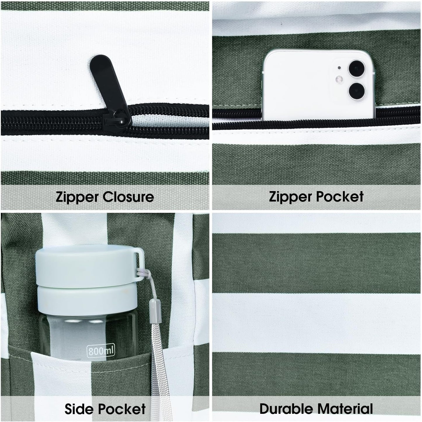 Waterproof Large Tote Bag with Zippered Storage and Side Pockets