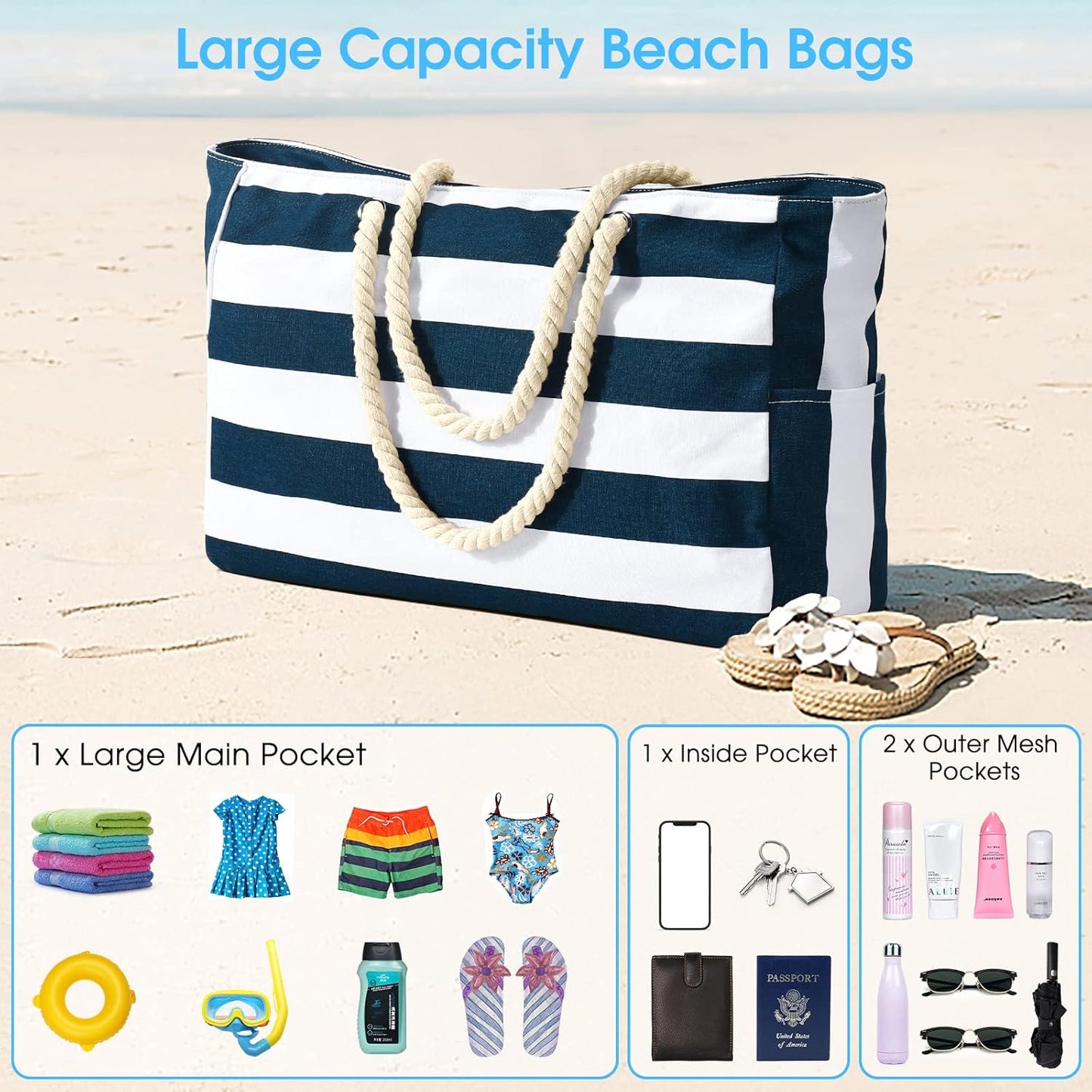 Waterproof Large Tote Bag with Zippered Storage and Side Pockets