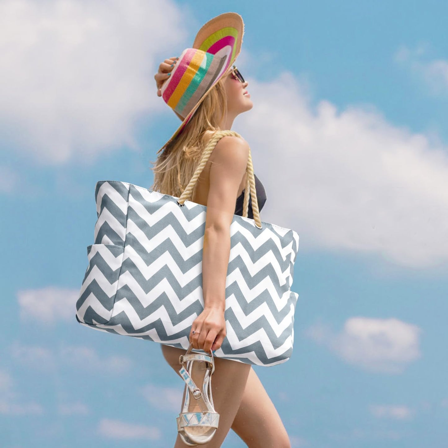 Waterproof Large Tote Bag with Zippered Storage and Side Pockets