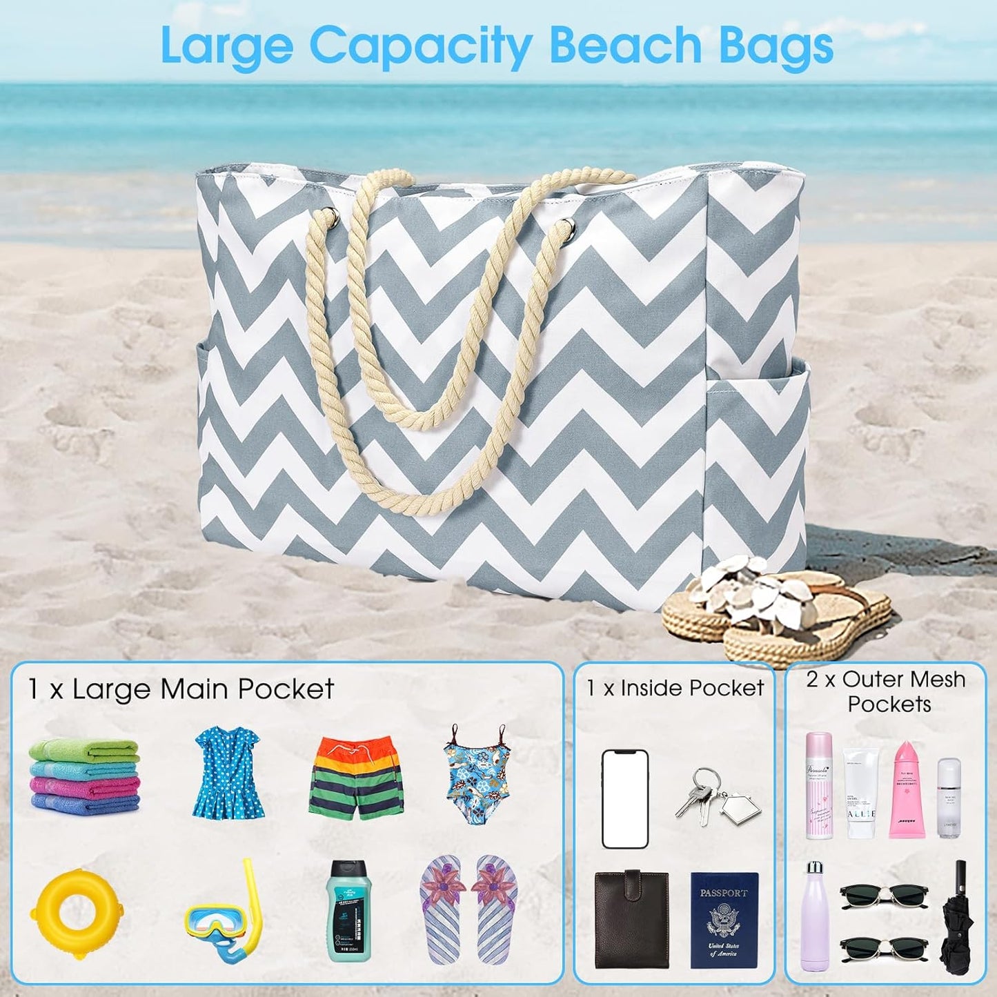 Waterproof Large Tote Bag with Zippered Storage and Side Pockets