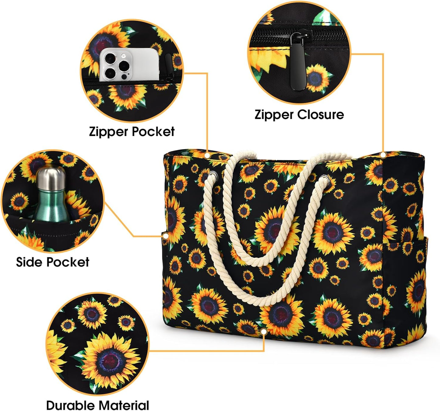 Waterproof Large Tote Bag with Zippered Storage and Side Pockets