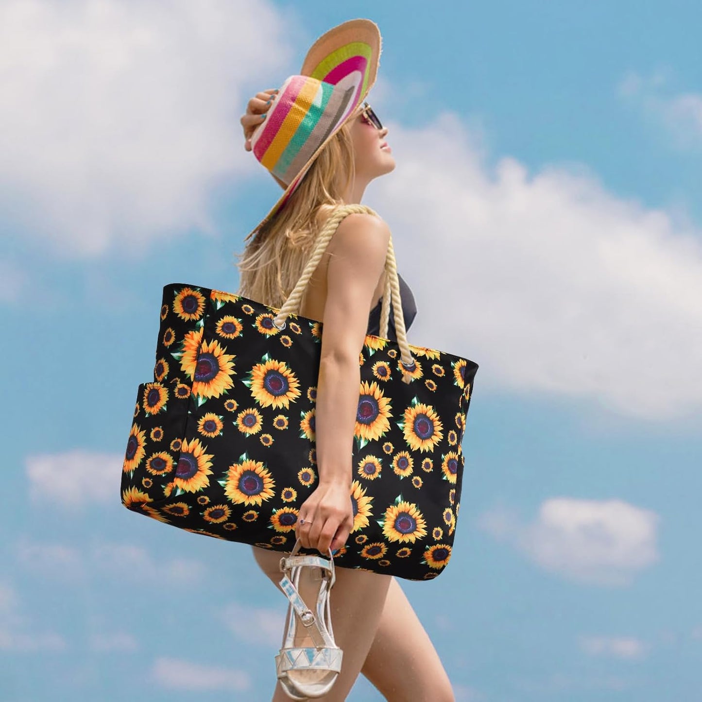 Waterproof Large Tote Bag with Zippered Storage and Side Pockets